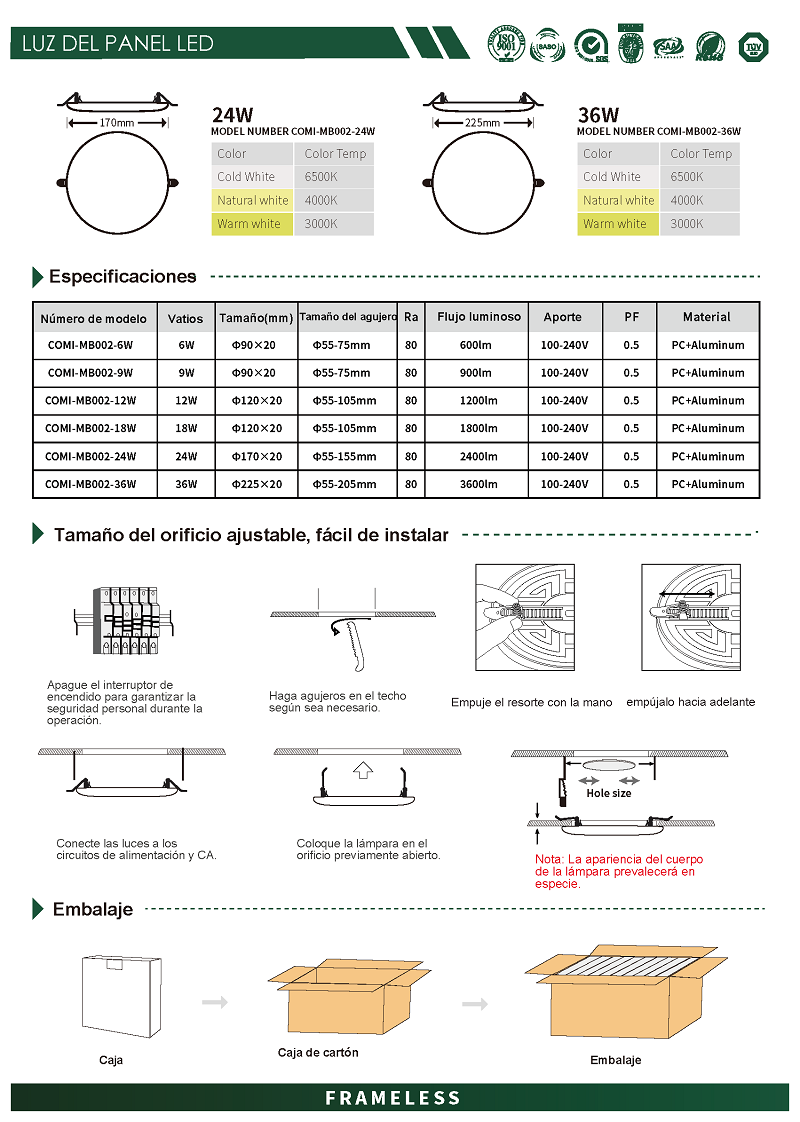 6W 9W 12W 18W 24W 36W panel de luz redondo led