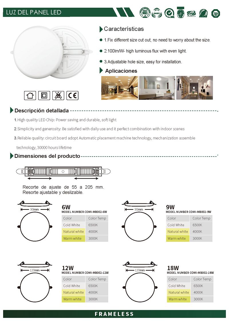 6W 9W 12W 18W 24W 36W panel de luz redondo led