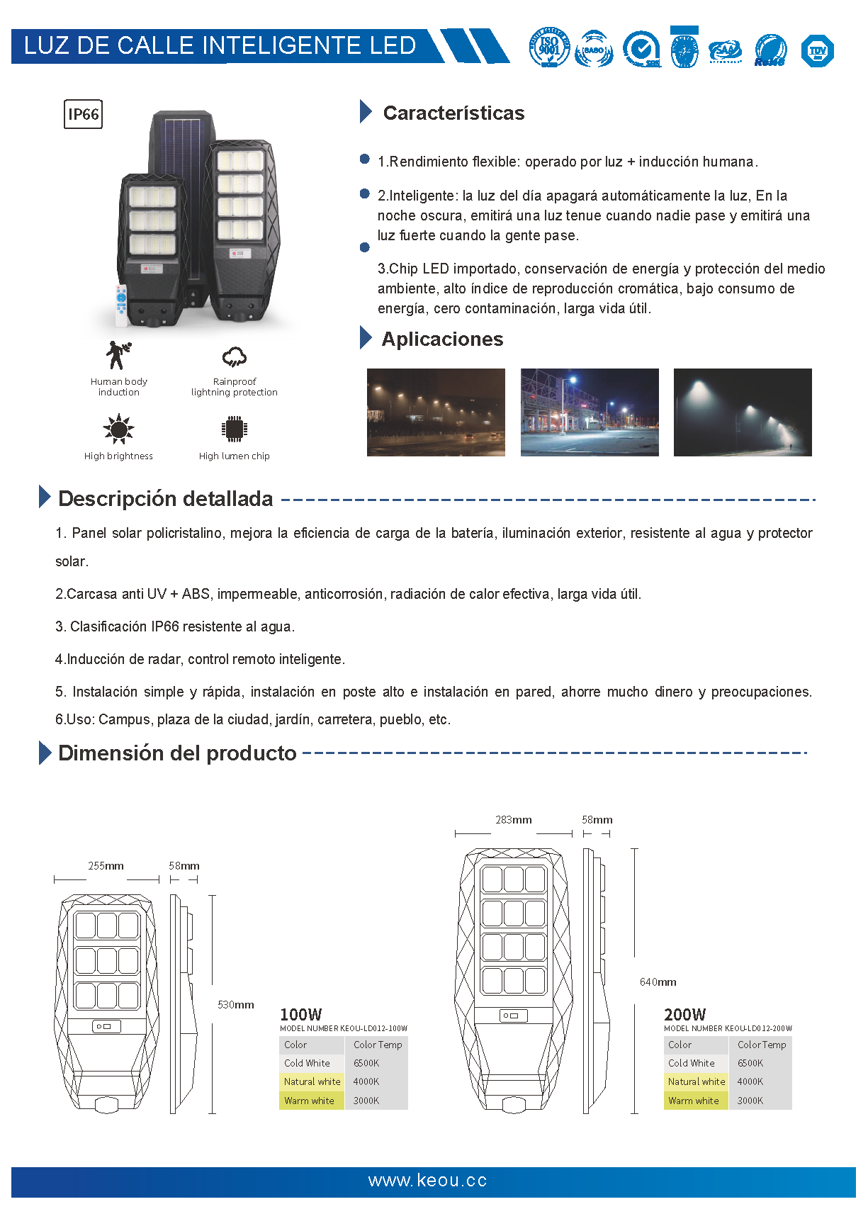 KEOU farola solar impermeable 100W 200W 300W IP66