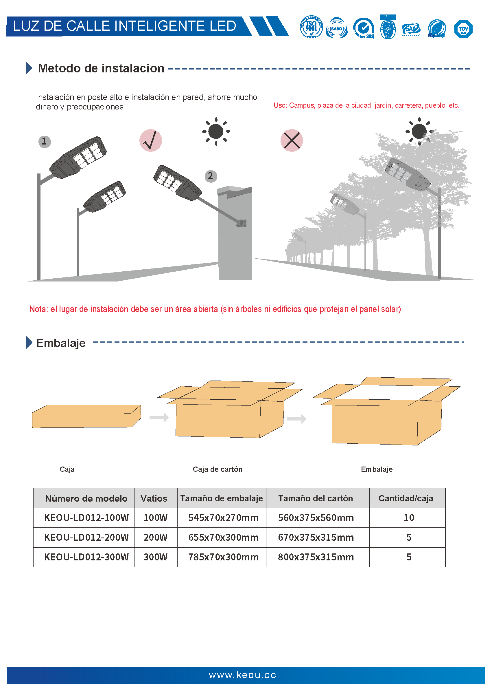 KEOU farola solar impermeable 100W 200W 300W IP66